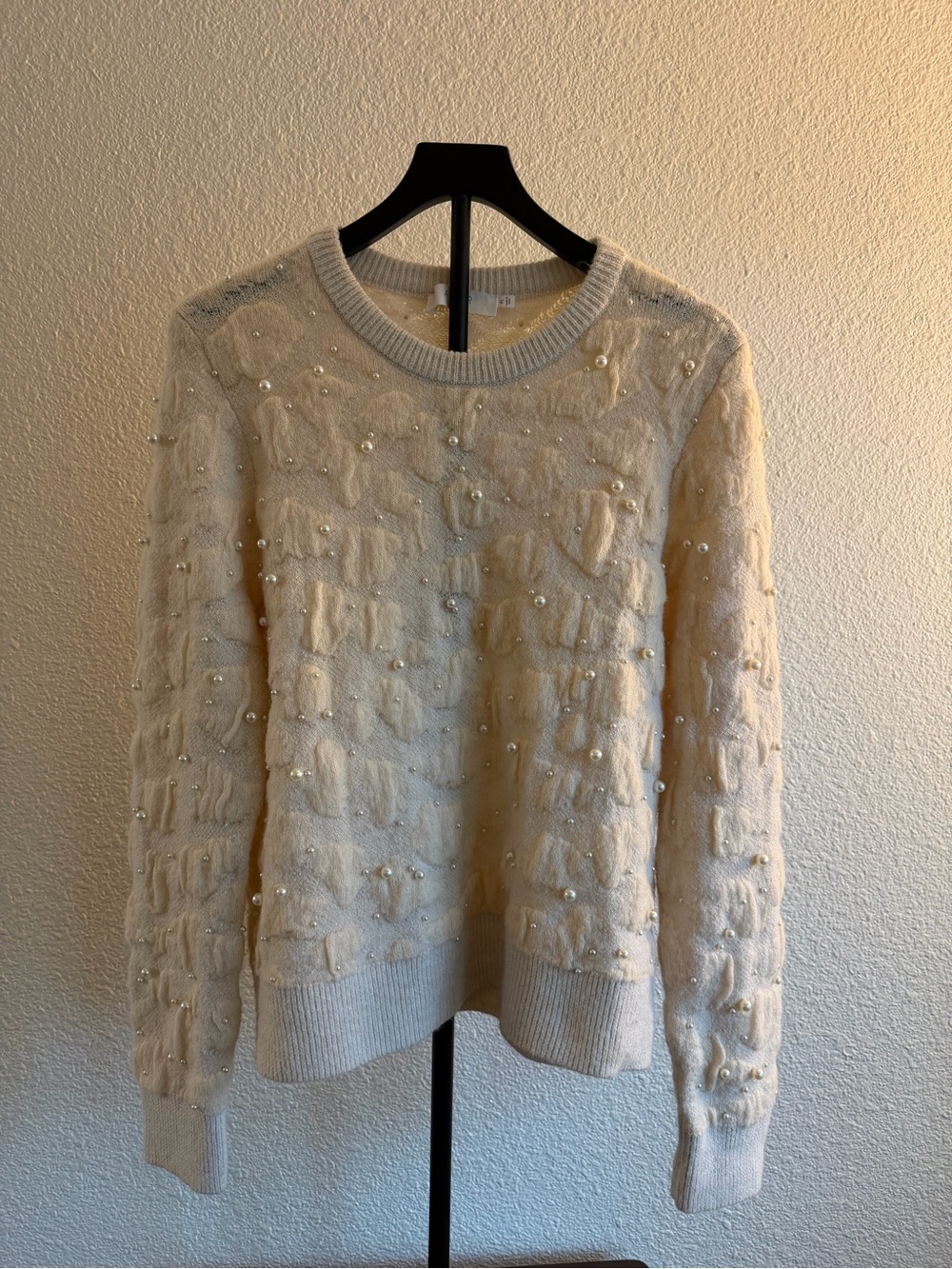 ASTR the Label Cream Pearl Embellished Textured Knit Crewneck Sweater Medium